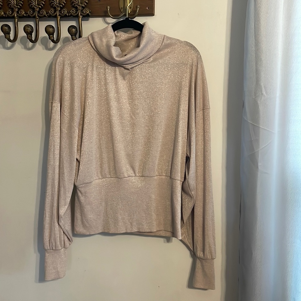 CLEARANCE Free people Cream Metallic Dolman Sleeve Boho Turtle Neck Top Sz Lg